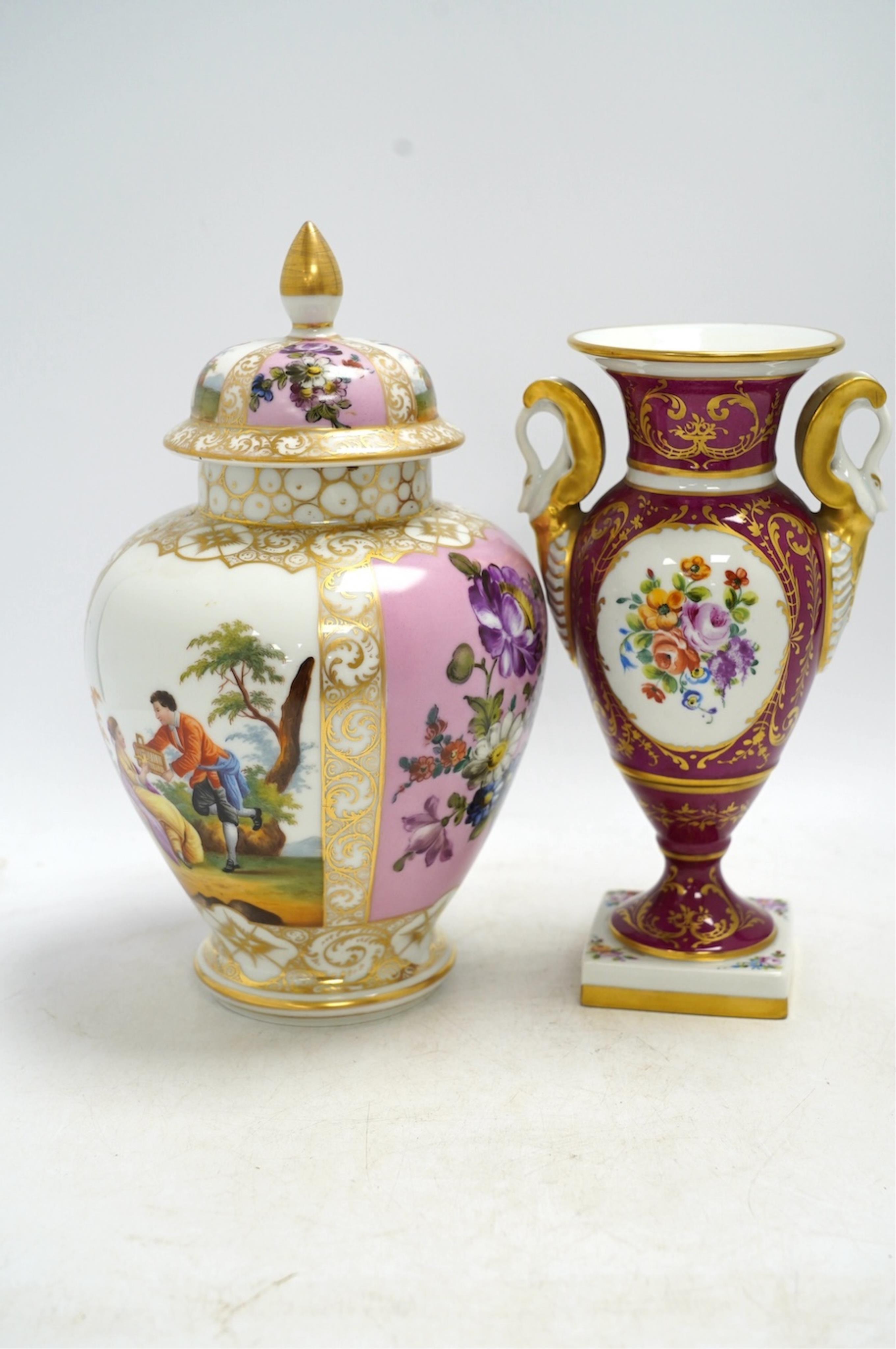A Dresden Helena Wolfsohn vase and cover, and a French porcelain twin-handled vase, 27cm high. Condition - fair to good
